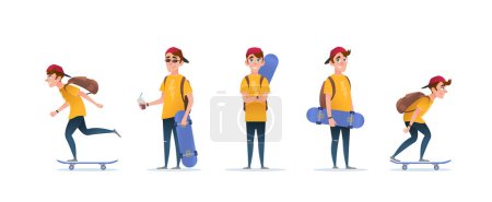 Ilustración de Skater chico o chico con monopatín en diferentes poses y varios escenarios. Skateboarder sobre fondo blanco aislado. Ilustración de personajes planos de dibujos animados vectoriales - Imagen libre de derechos