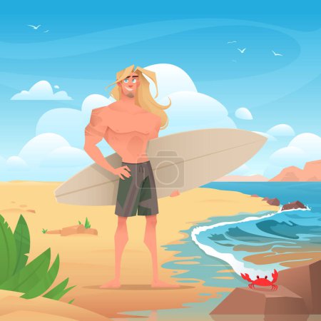 Ilustración de Tipo de pelo largo o hombre con tabla de surf en la playa de arena dorada. Océano y cielo con nubes. Hermoso paisaje. Cangrejo rojo en una roca. ilustración plana vector de dibujos animados - Imagen libre de derechos