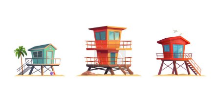 Téléchargez les illustrations : Ensemble de maisons de sauveteurs d'été sur la plage de sable fin. Isolé sur fond blanc. Illustration vectorielle dessin animé plat - en licence libre de droit