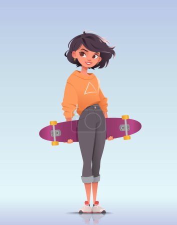 Illustration for Pretty teenage girl standing and holding pink longboard or skateboard. Wears stylish sneakers. Gradient background. Skateboarding culture. Flat cartoon vector illustration - Royalty Free Image
