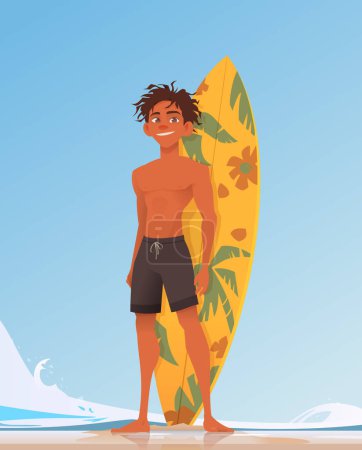 Téléchargez les illustrations : Un jeune surfeur debout sur une plage de sable. Planche de surf jaune avec motifs floraux derrière. Vagues et ciel bleu en arrière-plan. Vacances d'été. Illustration vectorielle dessin animé plat - en licence libre de droit