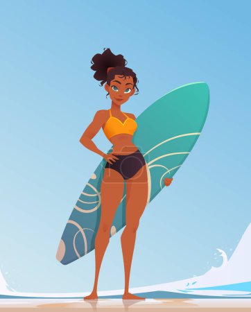 Illustration for African american young surfer girl standing on a sandy ocean beach holding a surfboard with a wavy pattern. Waves and blue sky in the background. Summer holidays. Flat cartoon vector illustration - Royalty Free Image