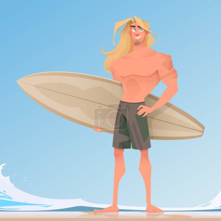 Ilustración de Joven surfista de pelo largo con tatuaje en el brazo parado en una playa de arena y sosteniendo una tabla de surf. Olas y cielo azul en el fondo. Vacaciones de verano. ilustración plana vector de dibujos animados - Imagen libre de derechos