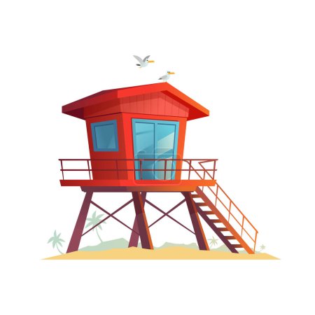 Illustration for Lifeguard house on the sandy beach. Seagulls flying. Palm trees and mountains in the background. Summer holidays. Isolated on white background. Cartoon vector illustration - Royalty Free Image