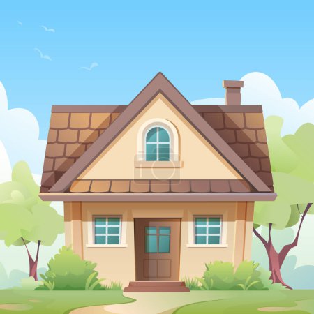 Petite maison confortable ou chalet avec un toit brun et des murs beiges. Pelouse verte avec arbres et buissons. Ciel bleu avec des nuages sur le fond. Illustration vectorielle dessin animé plat