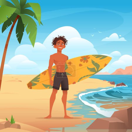 African american surfer guy standing on a beach and holding surfboard. Ocean and sky in the background. Mountains far away. Palm tree. Summer. Active lifestyle. Extreme sports. Vector illustration
