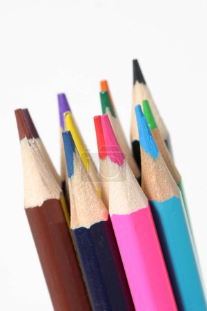 Color pencils standing on white background. close up of colored pencils