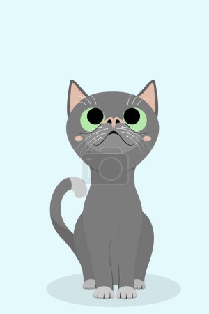 Ilustración de Lindo gato gris con ojos verdes sentado y mirando hacia arriba. Dibujos animados animal carácter plano vector ilustración. Arte de gatito adorable - Imagen libre de derechos