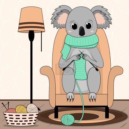 Linda tejedora koala con gran bufanda hecha a mano. Personaje animal de dibujos animados sentado en la silla en casa y tejiendo algo. Profesión, ocupación, trabajo, ilustración de vectores planos