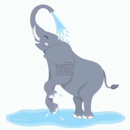 Téléchargez les illustrations : Éléphant mignon saute et danse dans une flaque d'eau et verse sur lui-même. Bébé animal ludique et joyeux, personnage de dessin animé kawaii, art vectoriel plat. - en licence libre de droit