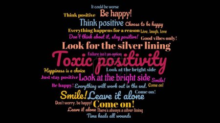 Wordcloud about TOXIC POSITIVITY. typical statements people make however these don't help a person with mental problems.