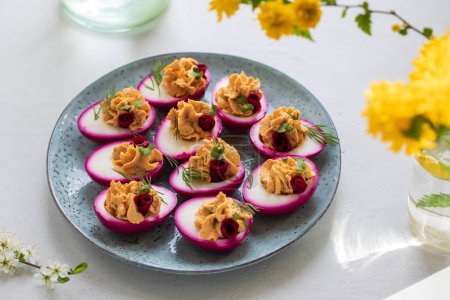Beetroot pickled devilled eggs, easter canapes