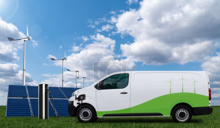 Electric van with charging station on a background of solar panel and wind turbines. 