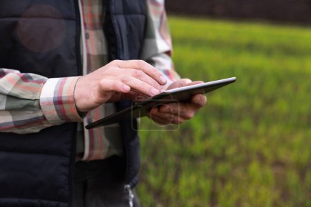 Landwirt mit digitalem Tablet im jungen Weizenfeld. Smart Farming und digitale Landwirtschaft 