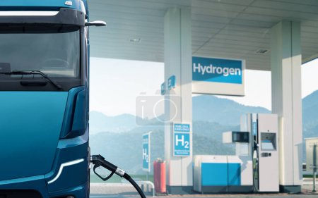 Futuristic hydrogen fuel cell truck next to filling station. Eco-friendly commercial vehicle concept
