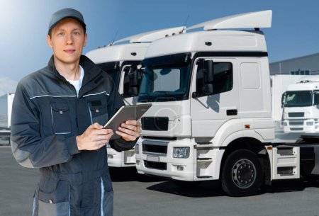 Manager with a digital tablet next to trucks. Fleet management