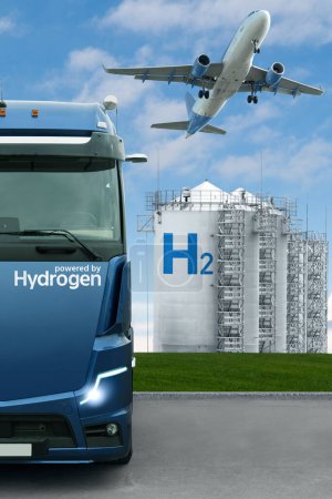 Airplane and truck powered by hydrogen on the background of gas storage. New energy sources 