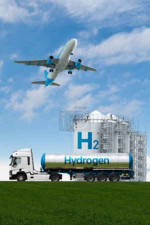Airplane and truck with hydrogen tank trailer on the background of gas storage. New energy sources