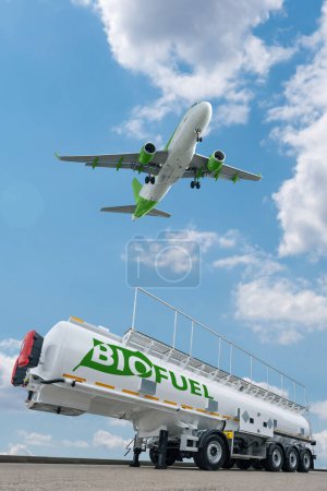 Airplane and biofuel tank trailer. New energy sources concept 