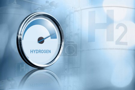 Hydrogen gauge on a background of gas tanks. Green hydrogen production concept