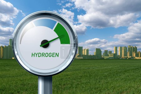Wasserstoffmessgerät mit Baumfarben - grau, blau und grün. Konzept zur grünen Wasserstoffproduktion