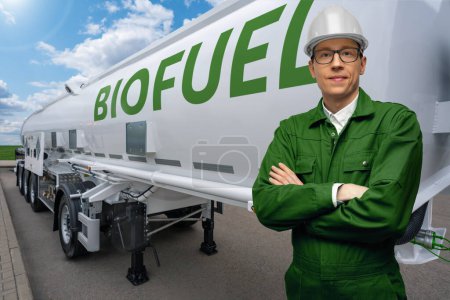 Man on a background of a tank with the inscription BIOFUEL