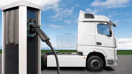 Electric vehicles charging station on a background of a trucks. Concept 