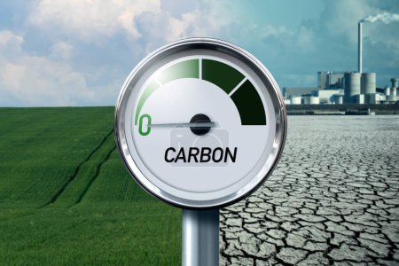 Messgerät mit der Aufschrift CARBON und Pfeil zeigt auf Null auf einem Hintergrund von Landschaft mit halb grünem Feld und halb Wüste. Hochwertiges Foto