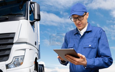 Manager with a digital tablet next to truck. Fleet management. High quality photo