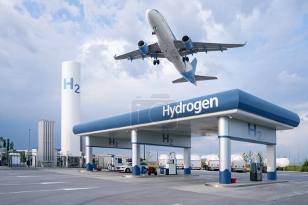 Fuel cell car at the hydrogen filling station and airplane in the sky. Clean mobility concept. 