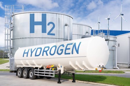 Hydrogen tank trailer on the background of gas storage. New energy sources.