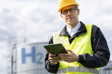 Ingenieur mit Tablet-Computer vor dem Hintergrund der Wasserstofffabrik.