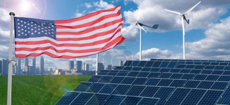 Auf dem Hintergrund von Sonnenkollektoren und Windrädern weht die amerikanische Flagge. Symbol nachhaltiger Entwicklung Vereinigte Staaten von Amerika.