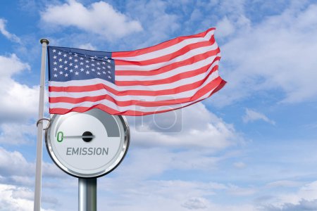 Die amerikanische Flagge flattert auf der Rückseite von Gauge mit der Aufschrift EMISSION. Pfeil zeigt auf Null. Symbol für nachhaltige Entwicklung USA