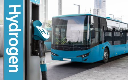 A hydrogen fuel cell bus with filling station.