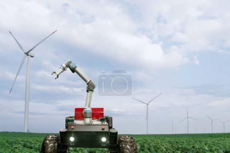 Autonomous robot harvester with robotic arm is working on a field with wind turbines