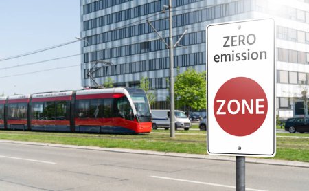 Road sign Zero emission ZONE. Clean mobility concept.