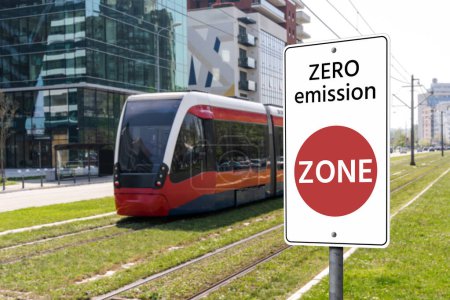 Road sign Zero emission ZONE. Clean mobility concept.