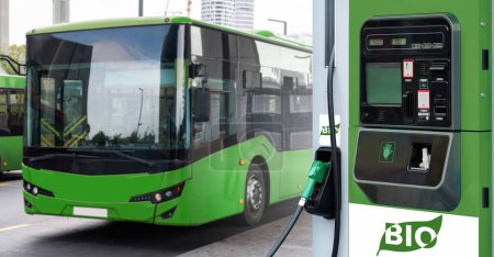 Biotreibstofftankstelle vor dem Hintergrund eines grünen Stadtbusses. Dekarbonisierung des öffentlichen Verkehrs.