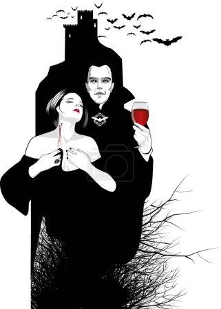 Medieval castle silhouette, dry branches and flying bats. Man wearing a cape and bat jewel holding a glass of wine. Woman with fang wounds and blood on her neck. Black ink on white background.