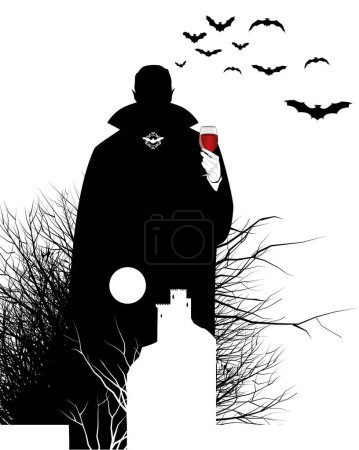 Vampire silhouette holding a glass of wine. Medieval castle silhouette, dry branches and flying bats. Woman with fang wounds and blood on her neck. Black ink on white background.