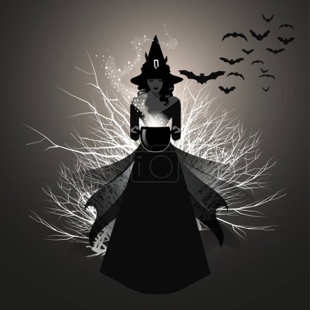 Young witch wearing a hat, carrying a cauldron and casting a spell. Bats and dry branches in the background.