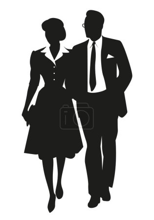 Des silhouettes de couple marchant portant des vêtements de style rétro, isolés sur fond blanc