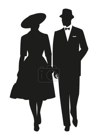 Des silhouettes de couple marchant portant des vêtements de style rétro, isolés sur fond blanc