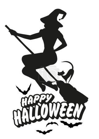 Ilustración de Silueta de bruja volando sobre una escoba con un gato negro. Feliz Halloween texto rodeado de murciélagos aislados sobre fondo blanco - Imagen libre de derechos