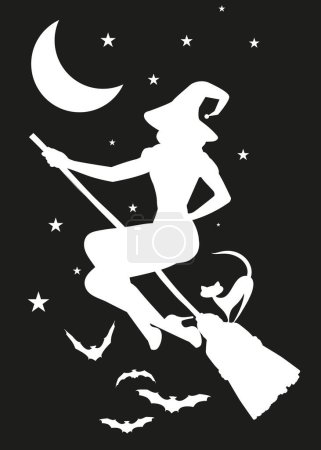 Ilustración de Silueta de bruja volando con un gato en una escoba bajo la luna rodeada de murciélagos y estrellas. - Imagen libre de derechos