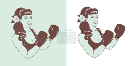 Ilustración de Clipart emblema de pinup boxeo dama con flor en el pelo, estilo de ilustración retro - Imagen libre de derechos