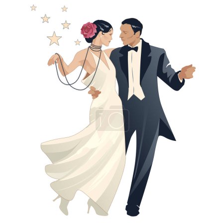 Illustration for Elegant couple of dancers dancing in retro fashion, isolated on white background. - Royalty Free Image