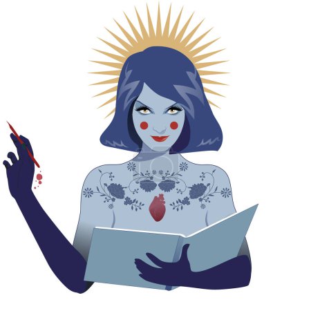 Illustration vectorielle ésotérique d'une jeune femme tatouée incarnant l'inspiration littéraire, isolée sur fond blanc. Image symbolique de Calliope, Muse de la poésie épique et de l'éloquence.