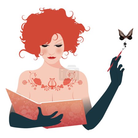 Illustration for Retro Inspired Vector Illustration of a Young Woman Embodying Literary Inspiration, Isolated on White Background. Symbolic Image of Calliope, Muse of Epic Poetry and Eloquence. - Royalty Free Image